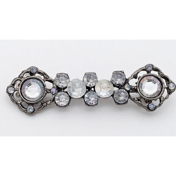 Aurora Borealis Clear Rhinestone Bar Brooch Pin Ornate Gunmetal Tone Vintage - Picture 1 of 12